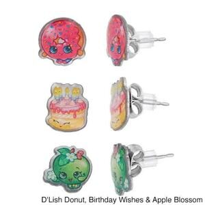 Shopkins 3-Pair Earrings for Little Girls: D'lish Donut/Birthday Wishes/Apple Bl